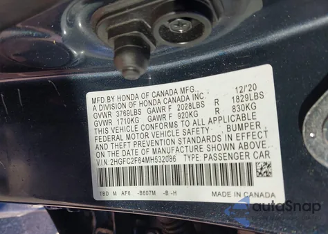 2021 Honda Civic Lx из США, поврежденный, VIN 2HGFC2F64MH532086